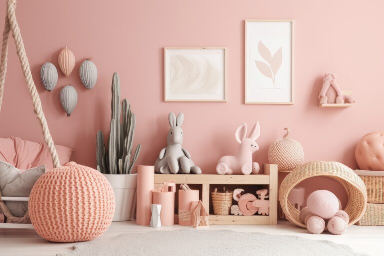 Mock up poster in pastel room with natural wicker and wooden toys,
